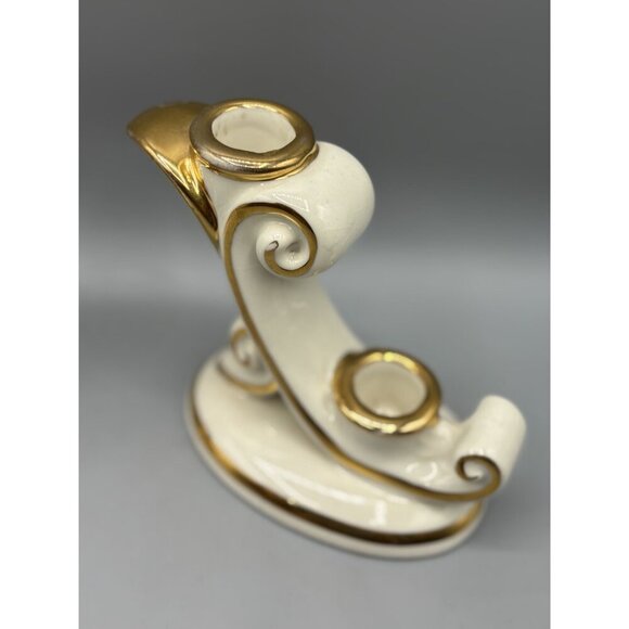 Vintage Abingdon USA Ivory Gold Ceramic Double Candle Holders Set Of 2 - Picture 3 of 6